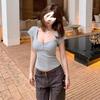 Spice girl pure desire wind sexy peach heart collar solid color short-sleeved T-shirt women's summer niche slim slim short top ins