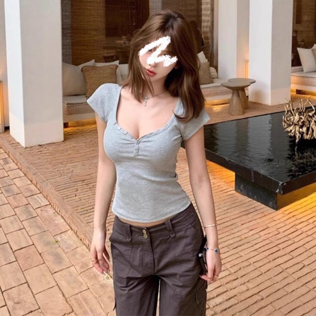 Spice girl pure desire wind sexy peach heart collar solid color short-sleeved T-shirt women's summer niche slim slim short top ins