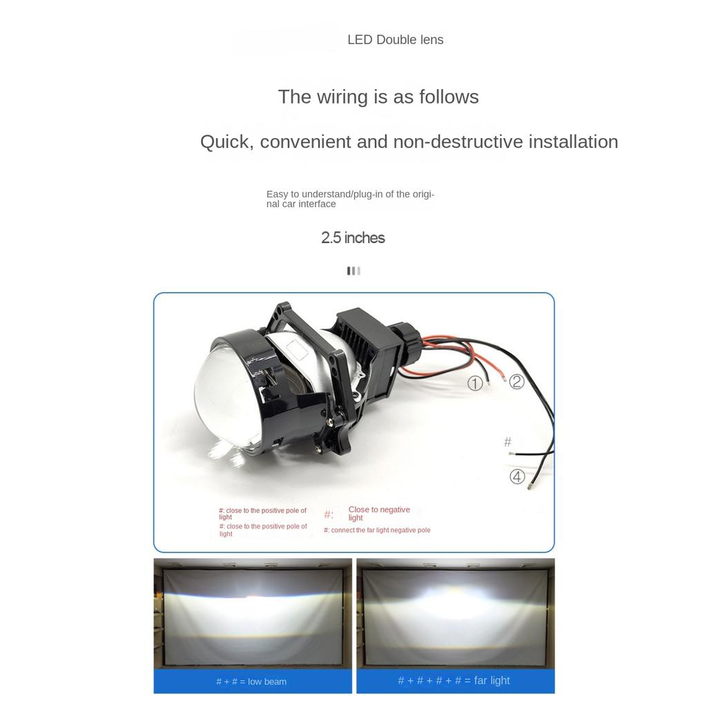 LED Car Light Headlight 2.5 Inch Double Light Lens Double Light Cup 65W Small Sunlight Type Car and Motorcycle Universal 12V