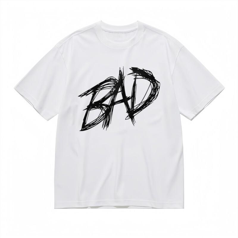 

Men s Fashion Classic T-Shirt Edgy Handwritten Bad Print White 100% Cotton Tee 4XL
