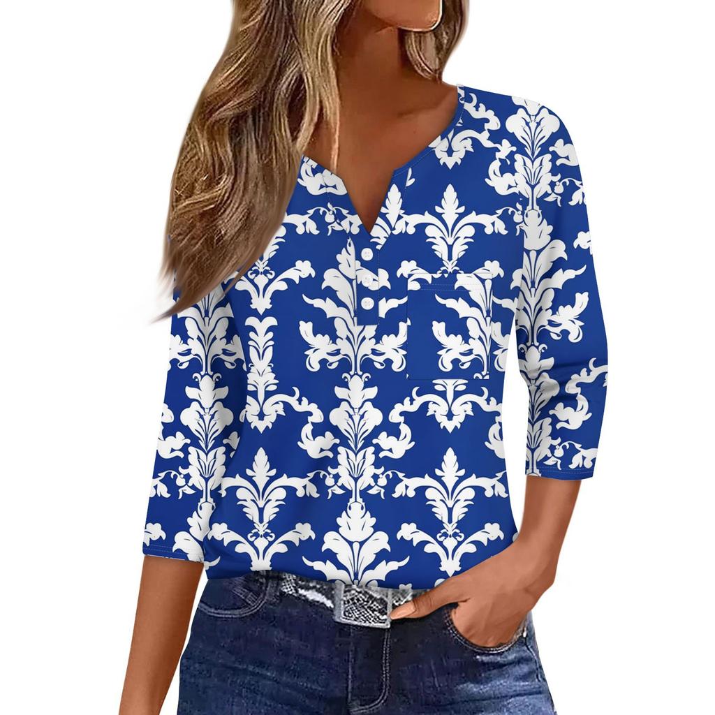 Damska Codzienna Modna Dekolt V Luźna Wszechstronna Kwiatowy Wzór Rękawy Trzyczwarte