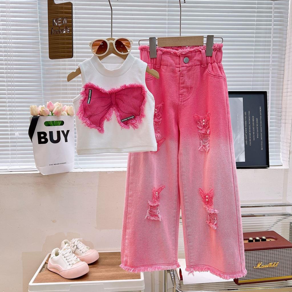 Girls' Summer Clothing Set Children's Sleeveless Perforated Jeans Two Piece Set Medium To Large Girls' Summer Fashion