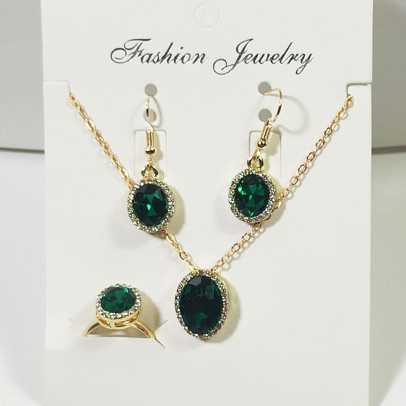 4pc Crystal Set Jewelry Women Fashion Trend Jewelry Geometric Oval Crystal Necklace Earrings Ring Three Pieces Set