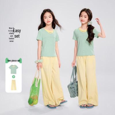 Girls' Faux Two-Piece Short Sleeve T-Shirt & Wide-Leg Pants Set
