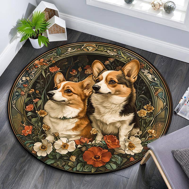 Corgis Round Area Rug,Carpet Rug for Living Room Bedroom Sofa Playroom Decor,Non-slip Floor Mat
