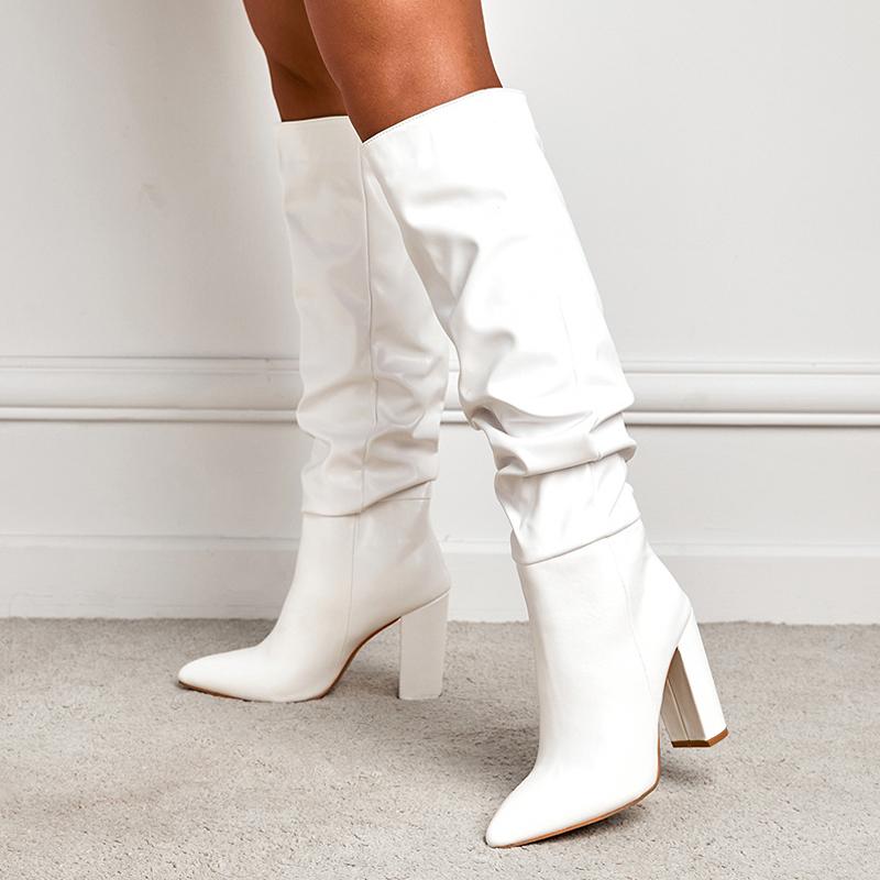 Fashion Liyke Sexy Pointed Toe Motorcycle Knee High Boots Women Black Pleated Leather Square High Heels Party Stripper Shoes Booties