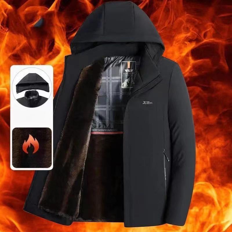 Men's Detachable Hooded Padded Lined Thickened Down Cotton Jacket--Black Warm Coldproof Business Casual Outdoor Lightweight Fluffy Soft Coat