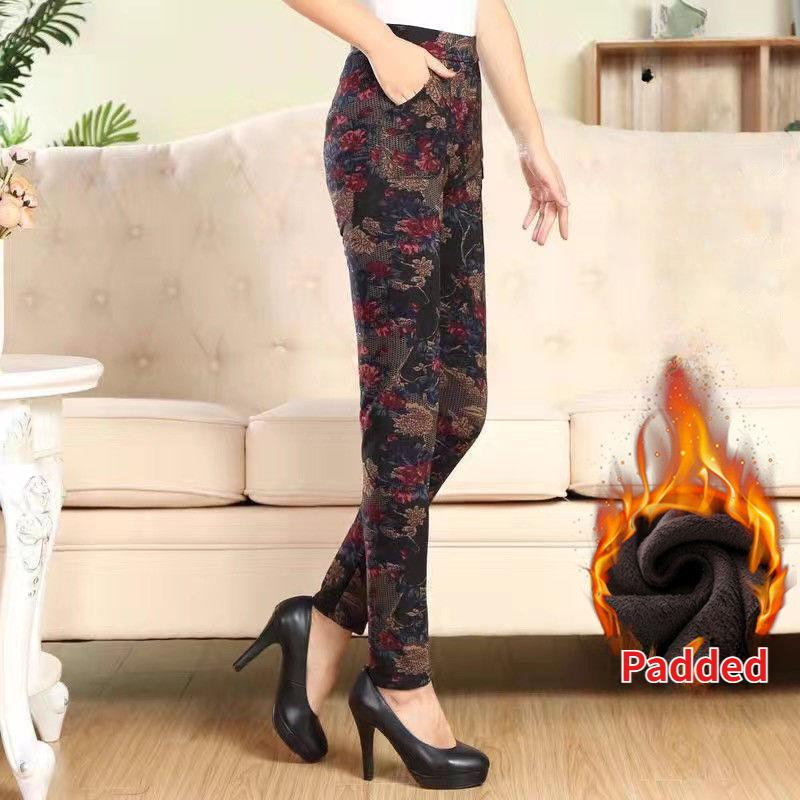 Middle-aged and Elderly Mom Pants Winter Padded Elastic Waist Female Bottoming Large Size High Waist Warm Long Pants