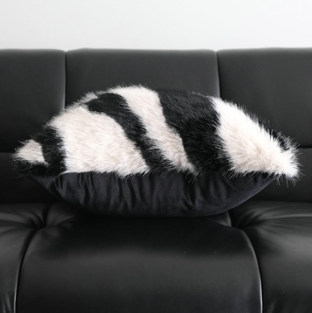 ins wind imitation mink pillow cover plush sofa black and white pillowcase simple striped living room display cushion cover