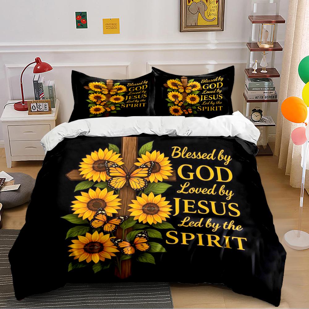 Blessed by God Cross Sunflower Bedding Set Bedding Set (1 Duvet Cover, 2 Pillowcases, Duvet Not Included)