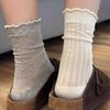 Ballet-style Grey Socks for Spring and Summer, Thin Mid-calf Length, with Netted Flower Trim and Mary Jane-style Long Socks for Women.
