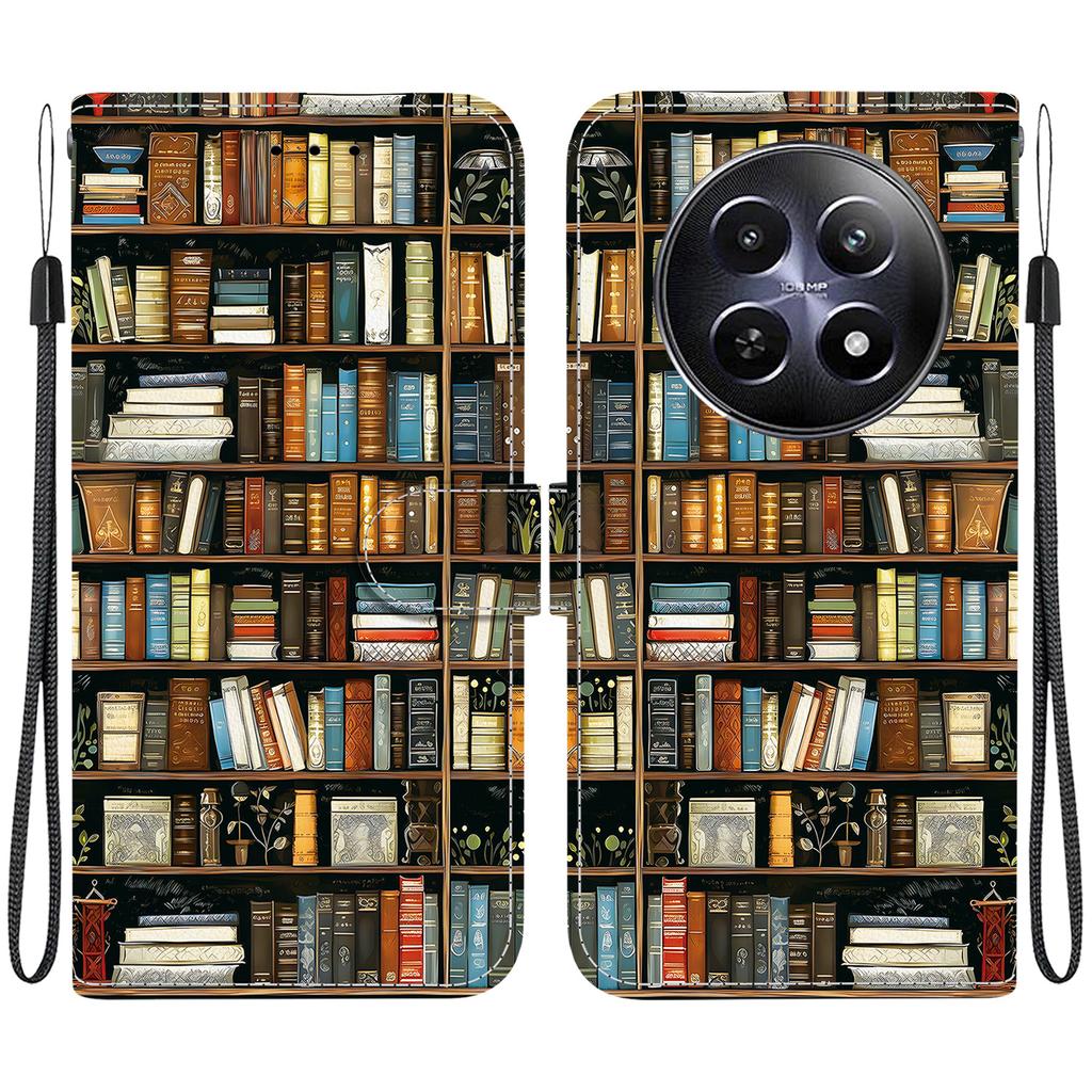 Handmade PU Leather Flip Case for Realme 12 (5G/RMX3999) Anti-Slip Shockproof Cover with Wrist Strap & Heart/Rose Cat Designs