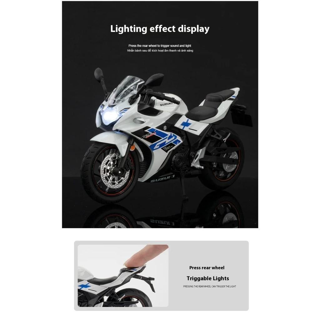 1/12 Scale Suzuki GSX-250R Motorcycle Toy Alloy Diecast Model Sound and Light Toys Rubber Tires Miniature Racing Model Present for Kid