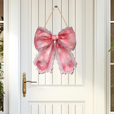Christmas Bow Wooden Door Sign 12 Inch Large Bow Hanging Welcome Sign Vintage Wall Art Door Hanger for Girls Room Dorm Apartment Porch Decor