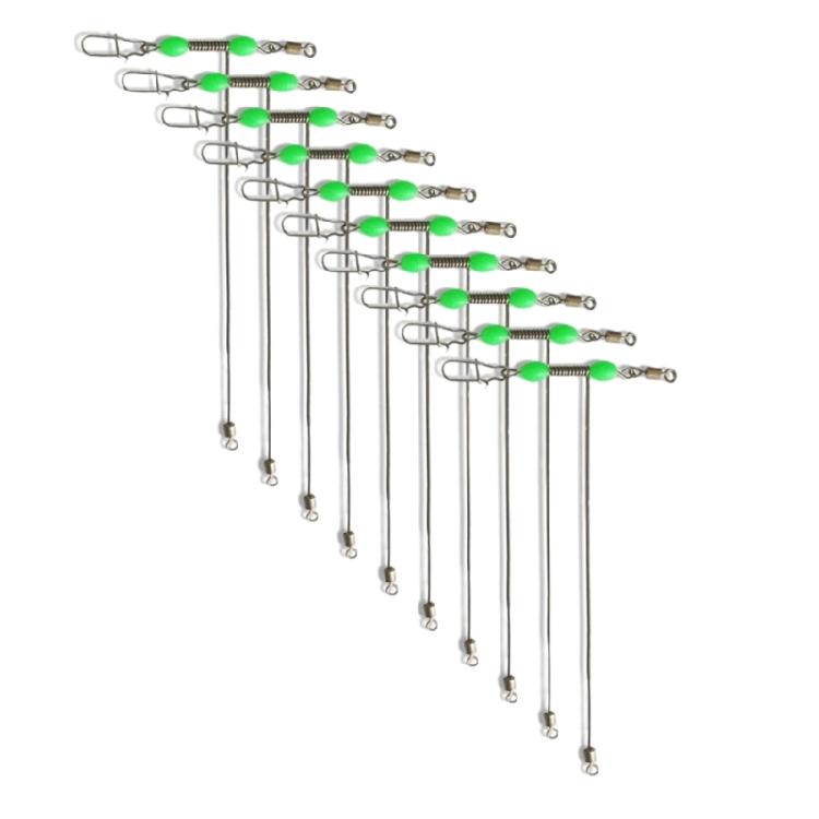 10 stycken rostfritt stål 3-vägs T-formade svivel med lysande pärlor, T-formade fiskelinafästen för balanserade tackel