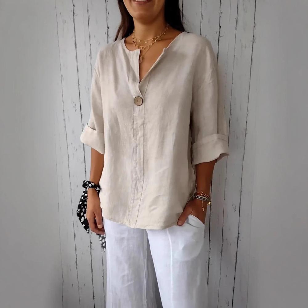 Women's V‑Neck Half‑Sleeve Oversized Button‑Detail Breathable Linen‑Blend Casual Summer Blouse
