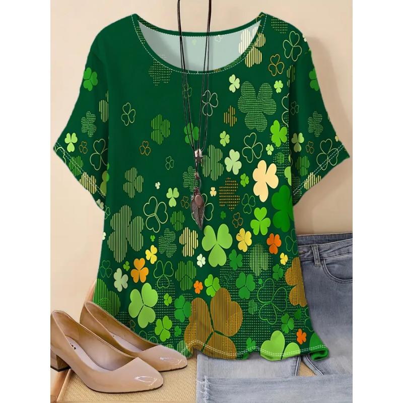 

Large size women s round neck stretch T-shirt, loose short-sleeved T-shirt can be worn inside or outside with green four-leaf clover print pattern S