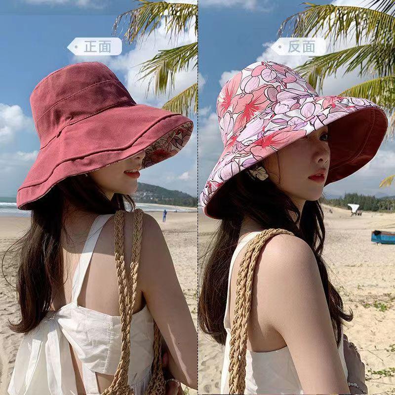 Chapéu de flor japonês de dupla face feminino de verão com aba larga para cobrir o rosto em algodão e linho chapéu de pescador proteção solar chapéu de sol ultravioleta