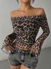 European and American Off-Shoulder Leopard Print Long-Sleeve T-Shirt for Women