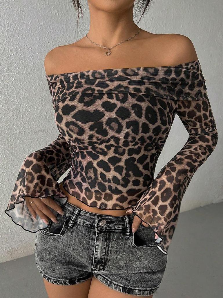 European and American Off-Shoulder Leopard Print Long-Sleeve T-Shirt for Women