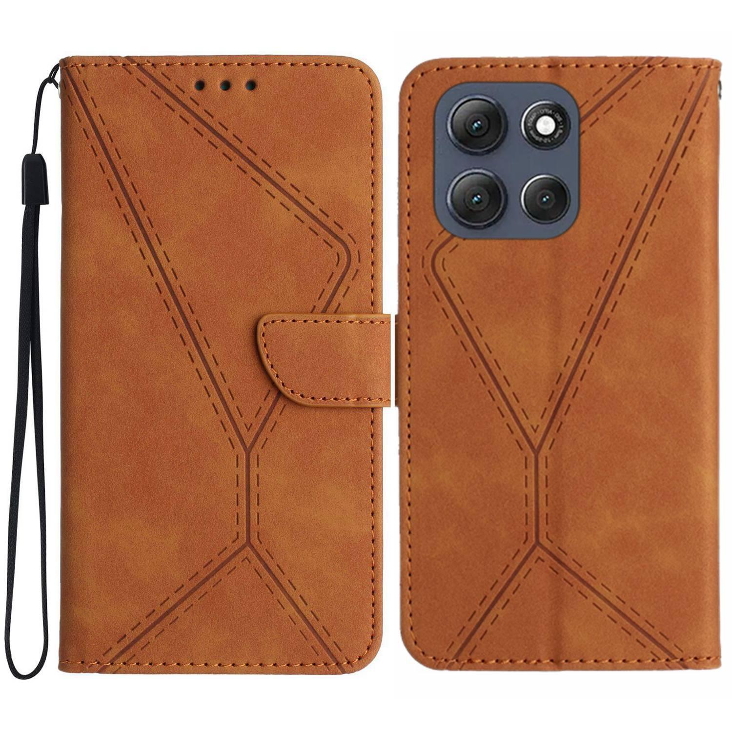 

For Motorola Moto G56 5G Case Skin Touch Lines Imprinted PU Leather Flip Phone Cover Brown