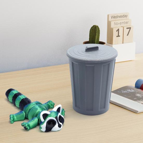 3D Printed Raccoon Figurine Movable Joints Raccoon Fidget Toy Trash Can with Articulated Raccoon Inside Desktop Decoration Ornament