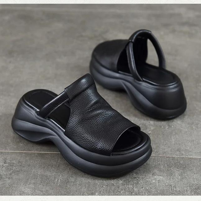 Johnature Lightweight And Thick Soled Genuine Leather Slippers Peep Toe Women's Platform Sandals