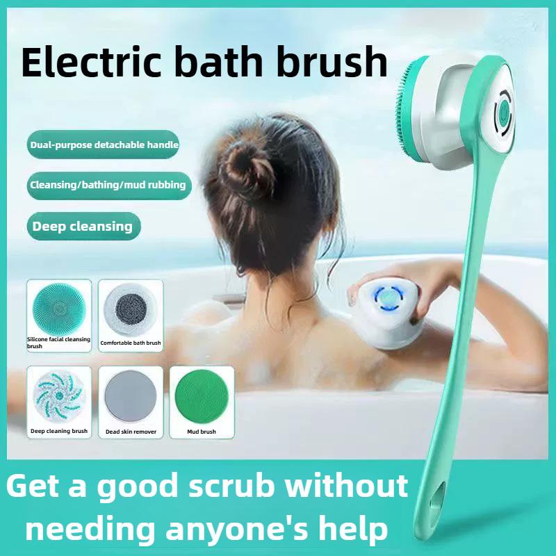 Rechargeable long handled silicone electric rotating shower brush,with 5 brush heads,used for deep cleaning,massage relaxation