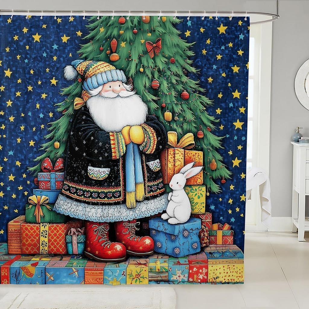 3DCute Cat Shower Curtain Christmas New Year Theme Bathroom Curtains for Kids Boys Girls Teens Lovely Kitty Decor Winter Holid