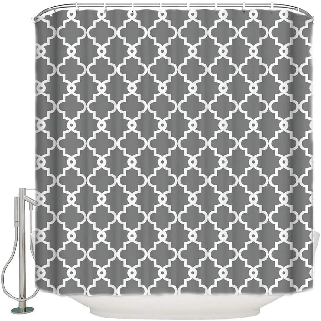

Geometric Patterned Shower Curtain Set 100% Polyester Fabric Grey And White Bathroom Decor Curtains Bathtub Screens WithHooks W90XH180cm