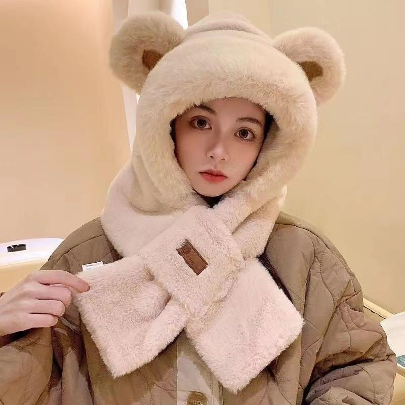 Hat female autumn and winter warm knitted wool snow hat cycling mother fashion ear protection headgear scarf integrated hat
