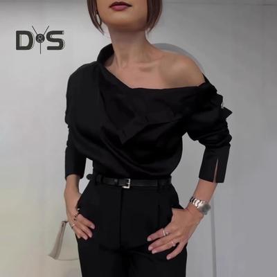 Women Shirt Button Splicing Turtleneck Long Sleeves Casual Loose Fit Shirt Solid Color Off-shoulder Blouse