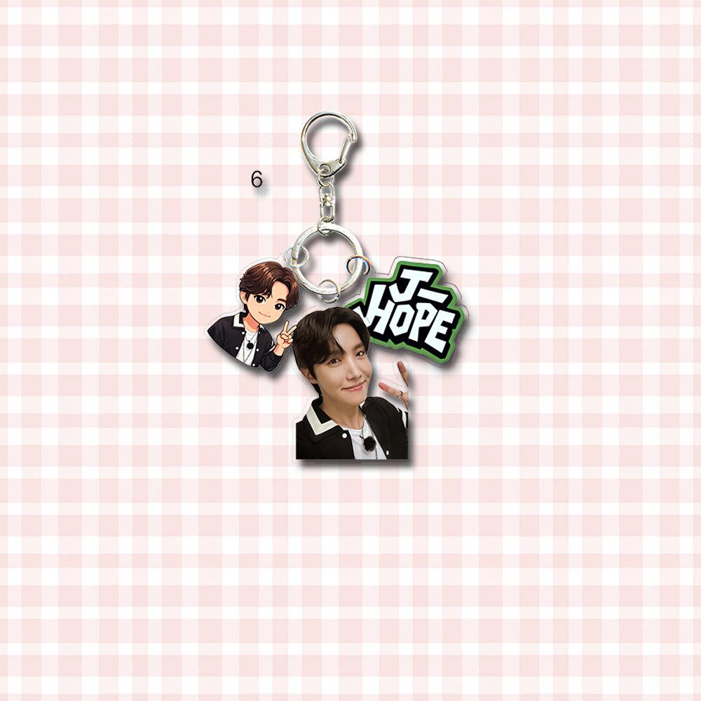 BTS 3-in-1 Acrylic Keychain, Bangtan Boys Real Photo + Cartoon Figure + Colorful Name Tag Triple Charm Keyring, Kpop ARMY Fans Bag Pendant