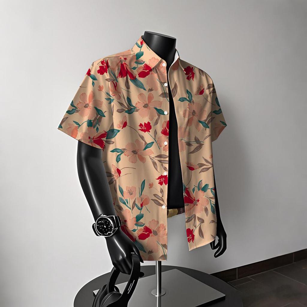 Men's Vintage Hong Kong-Style Hawaiian Floral Short-Sleeve Shirt: Trendy Summer Beachwear for Couples