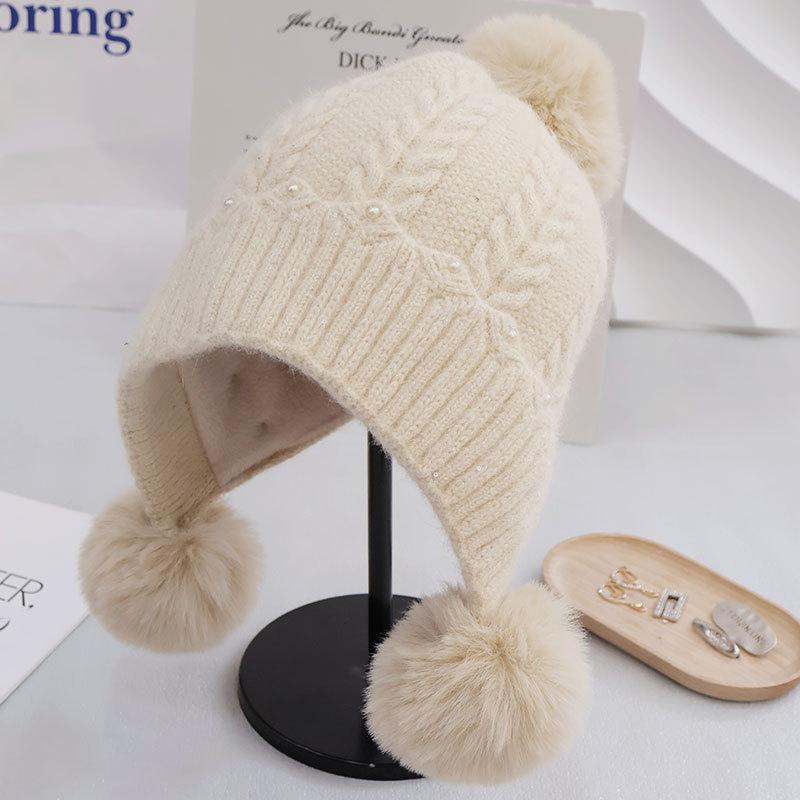 Fleece Kaninchenfell Gestrickte Thermomütze Damen Herbst und Winter Mode Pompon Ohrenschützer Wolle Pullovermütze