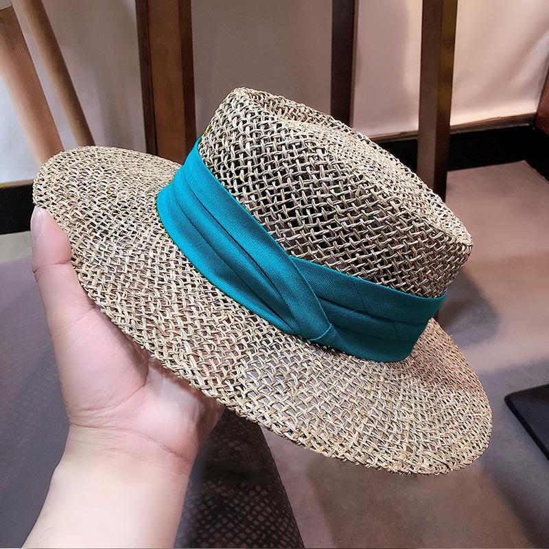 2025Women's Summer Straw Hat - British-style Flat Top Raffia Sun Hat with Openwork Design for Beach & UV Protection
