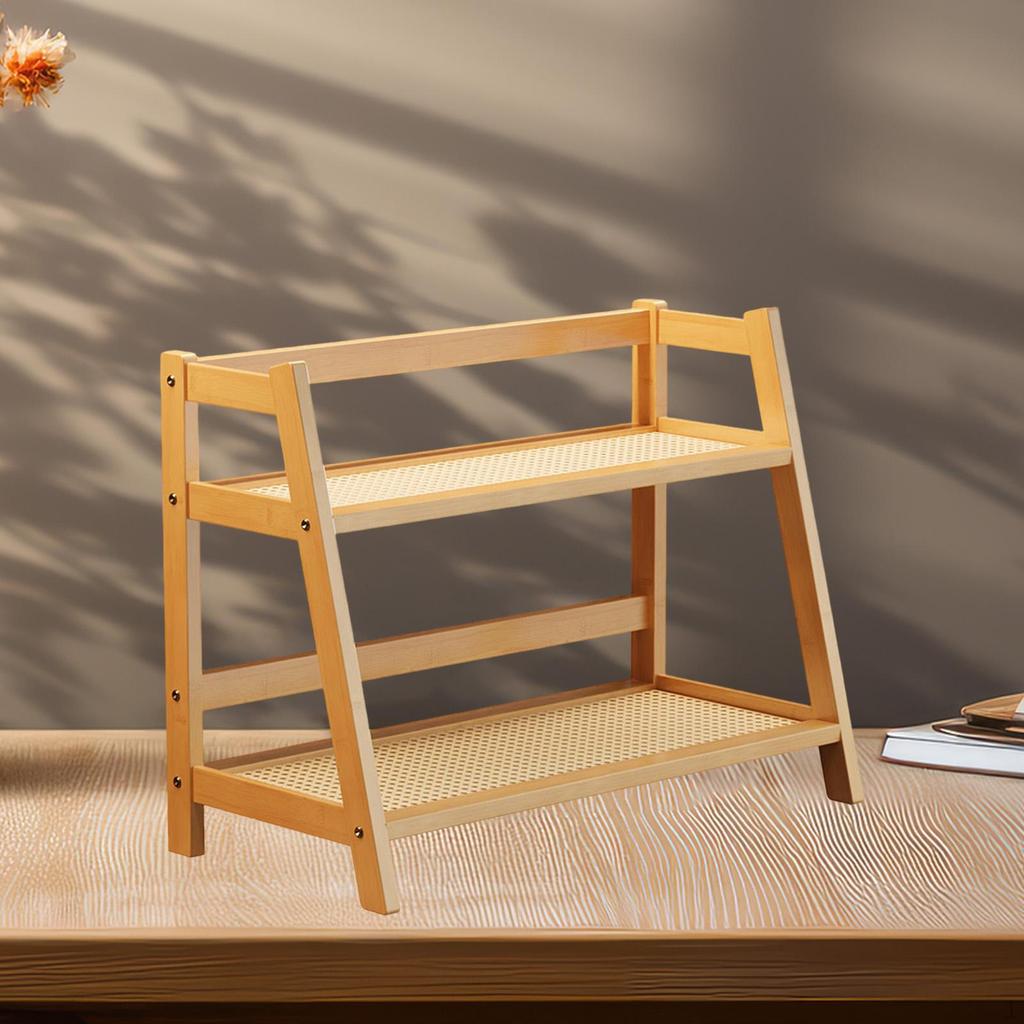 Bamboo Double Layer Rack 2 Tier Coffee Mug Display Stand Desk Storage Organizer for Living Room