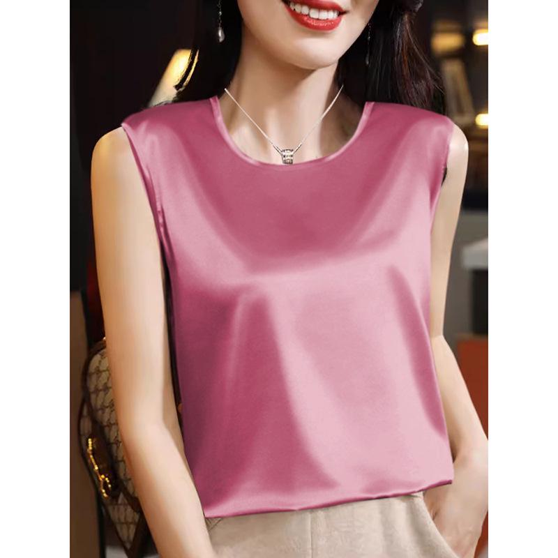 

Женская майка-камисоль из атласного шелка с круглым вырезом, весна/лето 2024 - универсальный однотонный топ 3XL розовый