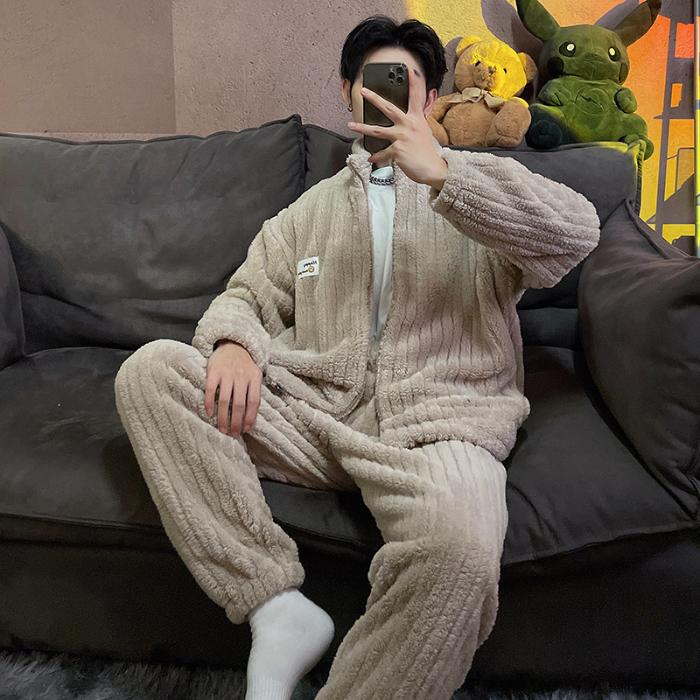 Pigiama Set Uomo Autunno Inverno Spesso Pile Cerniera Collo Alto Manica Lunga Pigiami Caldi Peluche Loungewear Uomo Casual Abbigliamento Casa