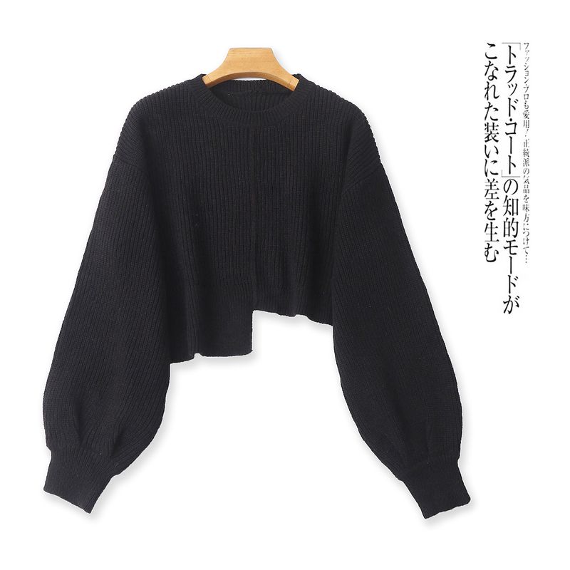 

Orders Exported to Japan Irregular Sweater Autumn New Foreign Trade Women clothes round Neck Pullover Long sleeve Solid Crop Sweater Sweater 32144 Black B-21-8-1 M