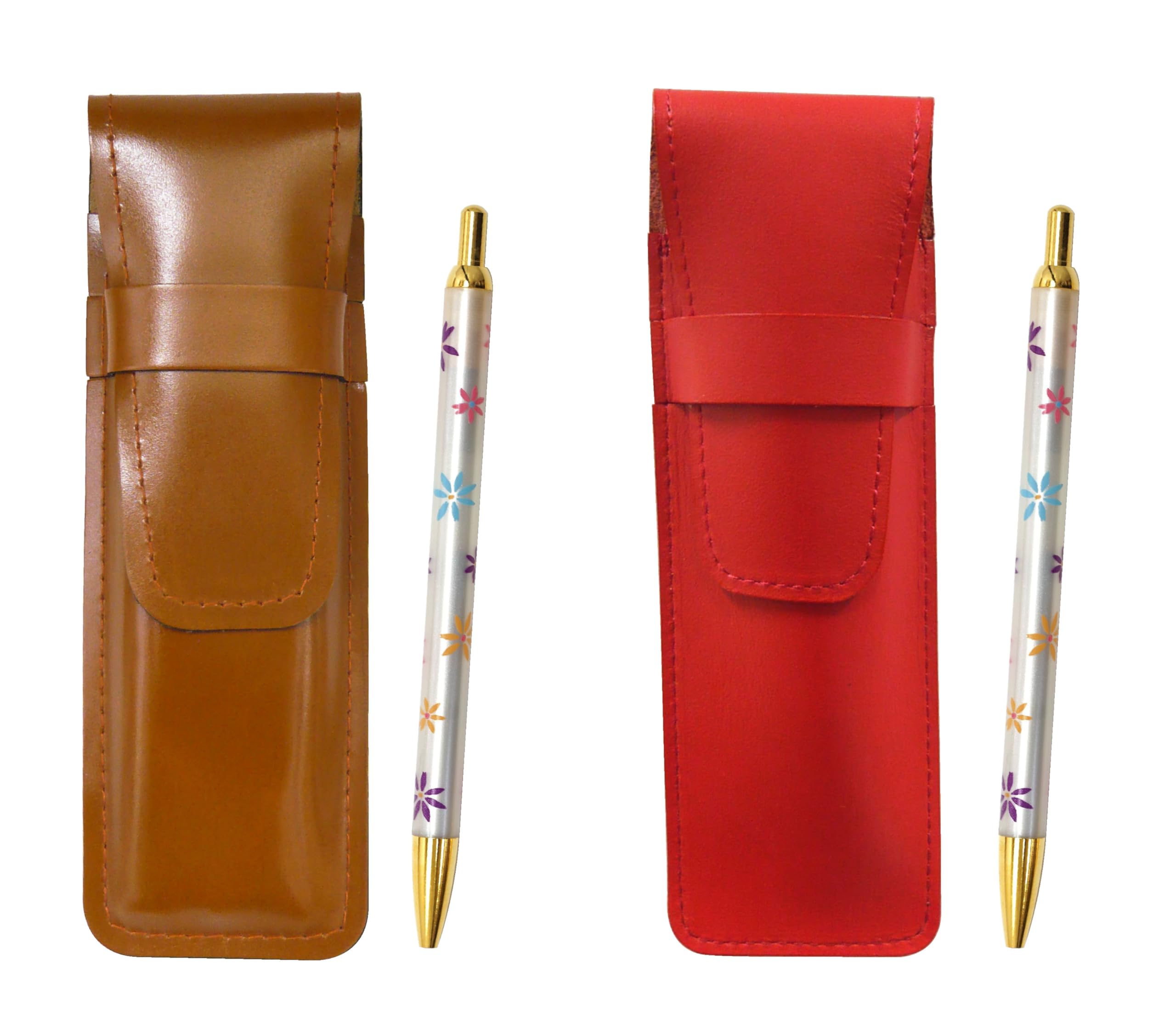 

Slim cowhide pencil case red brown set floral ballpoint pen ASCR-HS380B