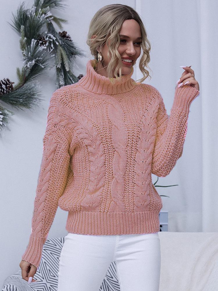 European & American Style Solid Color Cable Knit Turtleneck Sweater - Versatile Autumn/Winter Pullover