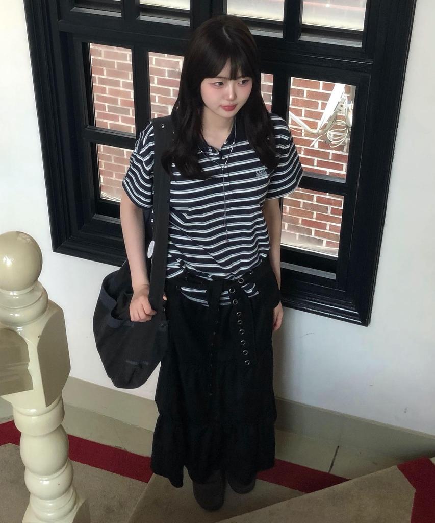 CGP (Women) Oversized Striped Short Sleeve Collared T-Shirt - Dark Navy