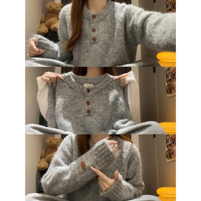 Plush button-up Henry collar knitted top women's autumn and winter temperament soft waxy shoulder sleeves loose sweater bottoming shirt
