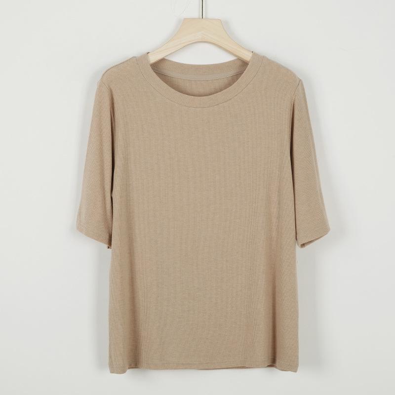 Johnature Women Knitted Spring T-Shirts O-Neck Half Solid Color Soft Female T-Shirts