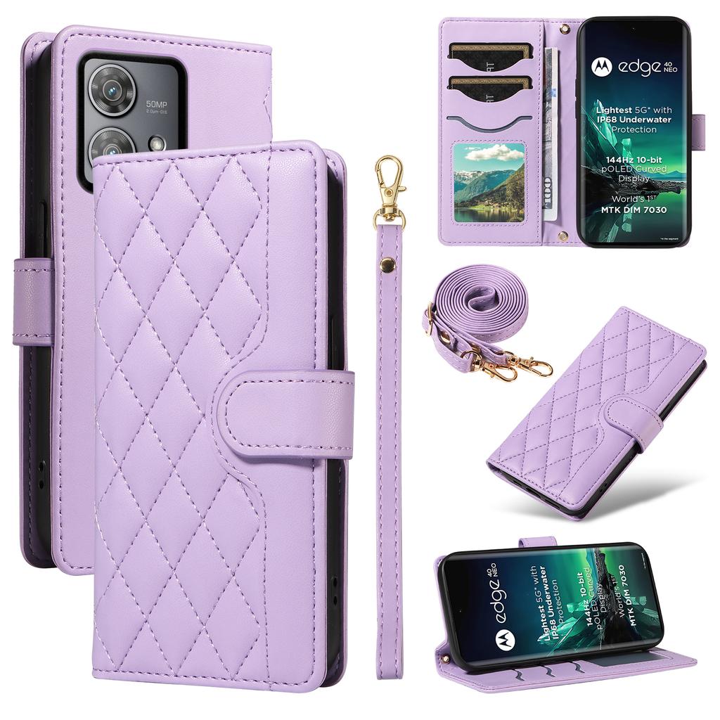 For Motorola Edge 40 Neo 5G Case Wallet Rhombus Leather Phone Cover with Shoulder Strap,Wrist Strap