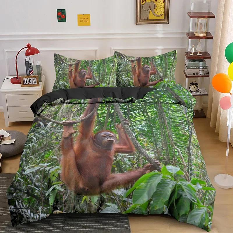 Orangutan Duvet Cover King Queen Size Cute Monkey Bedding Set Palm Leaves Tropical Botanical Polyester Comforter Cover for Adult