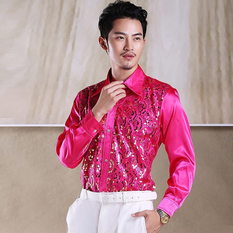 Men's Sequin Chorus Performance Shirt for Middle-Aged & Elderly - Red Stage Costume for Evening Song and Dance