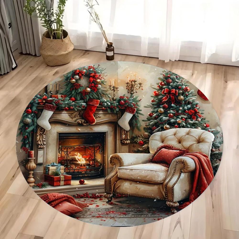 Christmas Living Room Decoration Christmas · Retro Fireplace Round Carpet Bedroom Carpet Home Floor Mat Washable Leisure Carpet