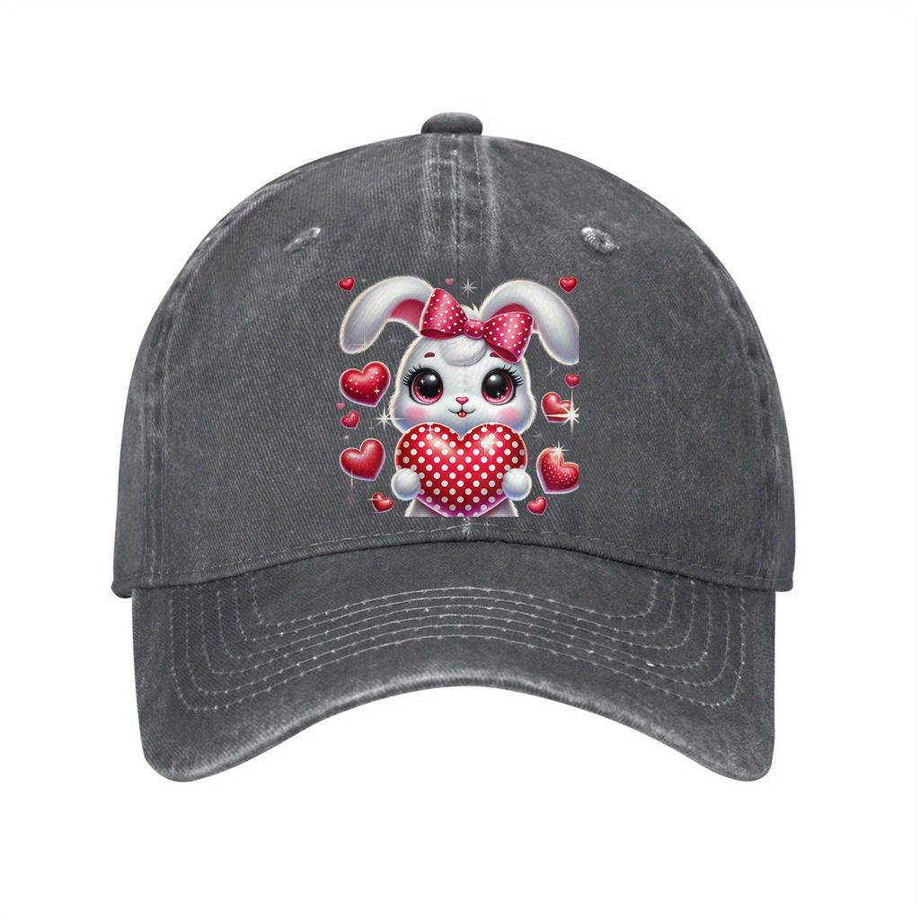 Cute Valentine Bunny Heart Baseball Cap Adjustable Vintage Washed Polyester Casual Cap for Unisex